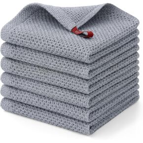 Cotton Kitchen Dish Cloths, 6 Pack Super Absorbent and No Lint Waffle Weave Dish Towels, Fast Drying Dish Rags for Washing Dishes, 12 x 12 Inch, Grey