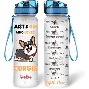 Hyturtle Personalized Corgi Lovers 32 Oz 1Liter Motivational Water Bottle, Just A Girl Who Loves Corgis Custom Name Water Bottle With Time Marker, Dog Lover Gifts For Women Girl On Birthday