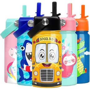 SANDJEST School Bus Water Bottle - Kids Water Bottle with Straw Lid - 12 Oz Insulated Stainless Steel Water Bottles for Toddlers Kid Boys - Travel Cup for School Sports