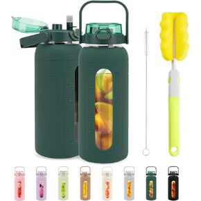 زجاجة مياه زجاجية سعة 64 أونصة من ترونكو مع غطاء من القش وعلامة للوقت، زجاجة مياه تحفيزية كبيرة بنصف جالون مع غطاء من السيليكون، إبريق شرب قابل لإعادة الاستخدام سعة 2 لتر للتمرين في صالة الألعاب الرياضية المنزلية، خالية من مادة BPA، أخضر فاتح in Kuwait
