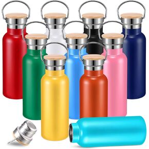 10 Pieces Stainless Steel Sports Water Bottles Bulk 17oz Double Wall Insulated Bottle with Handle and Wooden Leakproof Lid Metal Water Bottle Outdoor for Cyclists Runners Hikers DIY Gift, 10 Colors