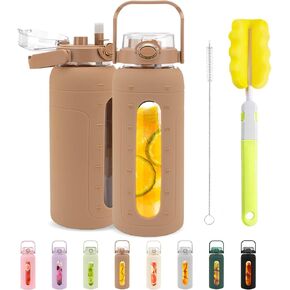 tronco 64oz Glass Water Bottle with Straw Lid and Time Marker, Half Gallon Large Motivational Water Bottle with Silicone Sleeve, 2L Reusable Drinking Jug for Gym Home Workout BPA Free,Light Green