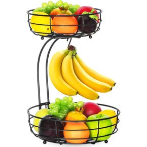 Bextsrack 2-Tier Countertop Fruit Basket Bowl with Banana Hanger, Metal Wire Fruits Stand Holder Storage Organizer for Kitchen, Black