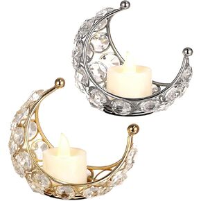 iFCOW 2pcs Moon Shape Crystal Tealight Candle Holder Metal Crystal Candle Stand Decor for Party Home Table Centerpiece
