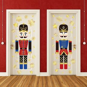 Whaline 8 Sheets Christmas Door Stickers Decor Christmas Large Nutcracker Gold Snowflake Door Decals for Refrigerator Wall Window Front Porch Door Decoration Supplies