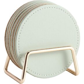 CASEGRACE Drink Coasters with Metal Holder Stand Set of 6, PU Leather Absorbent Coasters with Cork Base Table Coaster Set Decorative Coffee Cup Coasters Housewarming Gift for Home Decor