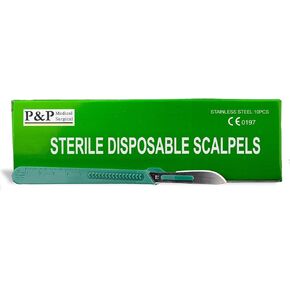 Disposable Scalpels Sterile Surgical Blade Size 22 Stainless Steel with Plastic Handle & Metric Line Individually Foil Wrapped by P&P MEDICAL SURGICAL Box of 10