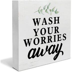 Country Wash Your Worries Away Wood Box Sign Decor Desk Sign Bathroom Wooden Box Block Sign Rustic Home Shelf Wall Decoration