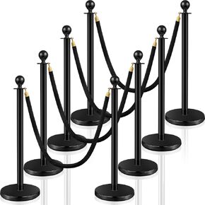 Ferraycle 4 Pcs Stainless Steel Crowd Control Stanchions and Velvet Ropes 5 ft Red Carpet Ropes and Poles Black Rope Safety Barriers with Sand Injection Hollow Base for Party Supplies
