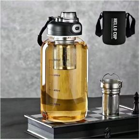 Glass Tea Tumbler with Infuser - 1500ML Large Glass Water Bottle with Sleeve,Glass Tea Infuser Bottle with Lock Lid and Direct Drink Spout,Reusable Sports Water Bottle for Gym Home Outdoor, Leakproof