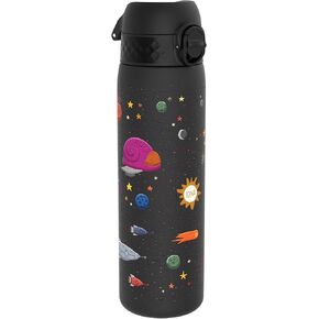 Ion8 Water Bottle, 500 ml/18 oz, Leak Proof, Easy to Open, Secure Lock, Dishwasher Safe, BPA Free, Hygienic Flip Cover, Carry Handle, Easy Clean, Odor Free, Carbon Neutral, Black, Spaceships Design