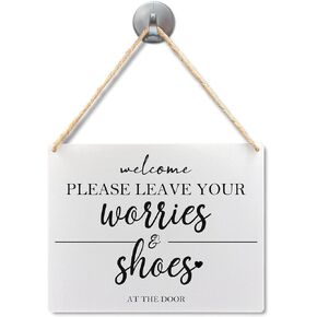 Please Remove Your Worries and Shoes Sign, Shoes Off Sign for Front Door, Please Take Off Your Shoes Wood Signs Wall Hanging for Front Door Wall Decor, 10.2x7.8 Inches Wall Pediments
