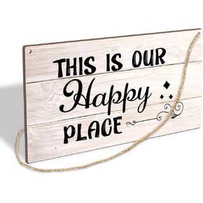 This Is Our Happy Place Porch Wall Decor Wooden Hanging Sign Plaque, Patio Backyard Door Shelf Decor, Housewarming Gifts New Home Wood Sign Wall Art for Home Living Dining Room - A17