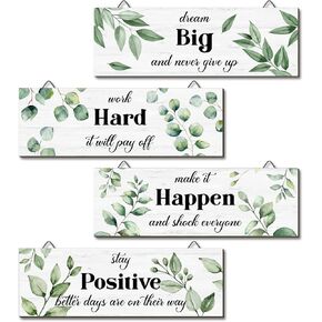 Redbaker 4 Pcs Boho Botanical Inspirational Wall Art Motivational Rustic Office Wall Decor Green Leaves Plants Wall Wooden Hanging Signs with Positive Sayings for Home Living Room Bedroom