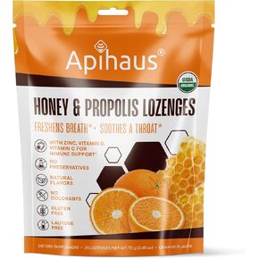 Honey and Propolis Lozenges Orange Flavor, Freshens Breath - Soothes a Throat- Immune Support with Vitamin C, Vitamin D and Zinc, 20 Count