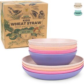 Grow Forward Wheat Straw Kids Plates and Bowls Sets - 8-Piece Unbreakable Dishwasher & Microwave Safe Plastic Dishes for Kids - Reusable Non Toxic BPA-Free Dinnerware for Children - Floral