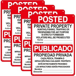 4 Pcs No Trespassing Signs Private Property 10" x 7" Bilingual English Spanish Reflective Aluminum Posted Signs Metal No Hunting Signs for Indoor Outdoor Use Hunting Fishing Trapping (Yellow)