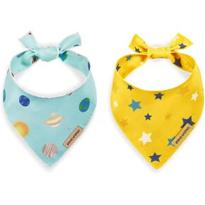 Dog Bandana 2 Pack, Spaceman Rocket and Satellite Set Travel to Starry Sky, Pet Friendly Design, Hair and Water Resistant, Adjustable Dog Scarf for Small Boy Girl Dog