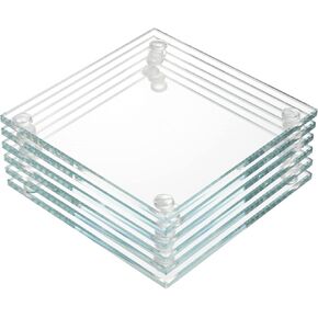 YOUEON Set of 6 Square Glass Drink Coasters, 3.5"x3.5" Crystal Clear Coasters for Drinks, Decorative Glass Plates for Mugs, Cups, Dining Tables, Office, Kitchen, Home Decor and Parties