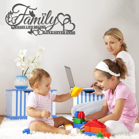 ديكور جداري فني للعائلة حيث تبدأ الحياة، الحب لا ينتهي أبدًا، علامة حائط معدنية سوداء للعائلة مع قلب فراشات، منحوتة معلقة بأحرف حديدية لتزيين غرفة المعيشة في المطبخ (أ) in Kuwait