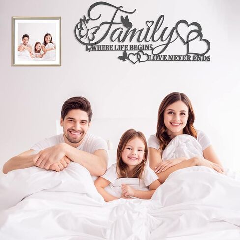 ديكور جداري فني للعائلة حيث تبدأ الحياة، الحب لا ينتهي أبدًا، علامة حائط معدنية سوداء للعائلة مع قلب فراشات، منحوتة معلقة بأحرف حديدية لتزيين غرفة المعيشة في المطبخ (أ) in Kuwait