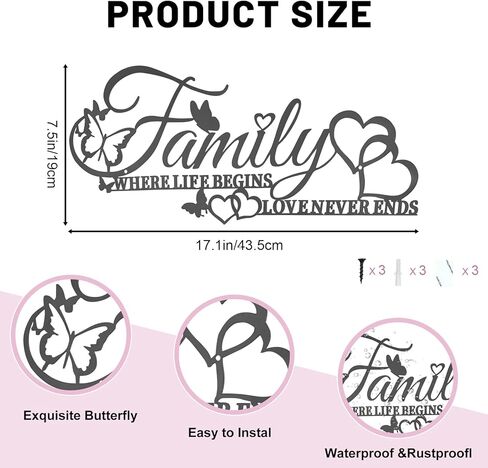 ديكور جداري فني للعائلة حيث تبدأ الحياة، الحب لا ينتهي أبدًا، علامة حائط معدنية سوداء للعائلة مع قلب فراشات، منحوتة معلقة بأحرف حديدية لتزيين غرفة المعيشة في المطبخ (أ) in Kuwait