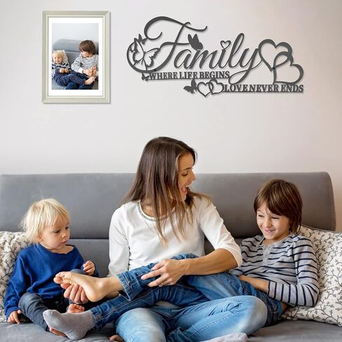 ديكور جداري فني للعائلة حيث تبدأ الحياة، الحب لا ينتهي أبدًا، علامة حائط معدنية سوداء للعائلة مع قلب فراشات، منحوتة معلقة بأحرف حديدية لتزيين غرفة المعيشة في المطبخ (أ) in Kuwait