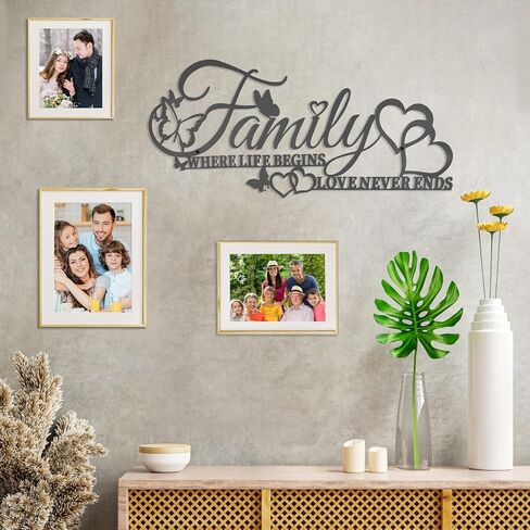 ديكور جداري فني للعائلة حيث تبدأ الحياة، الحب لا ينتهي أبدًا، علامة حائط معدنية سوداء للعائلة مع قلب فراشات، منحوتة معلقة بأحرف حديدية لتزيين غرفة المعيشة في المطبخ (أ) in Kuwait