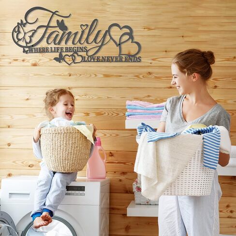 ديكور جداري فني للعائلة حيث تبدأ الحياة، الحب لا ينتهي أبدًا، علامة حائط معدنية سوداء للعائلة مع قلب فراشات، منحوتة معلقة بأحرف حديدية لتزيين غرفة المعيشة في المطبخ (أ) in Kuwait