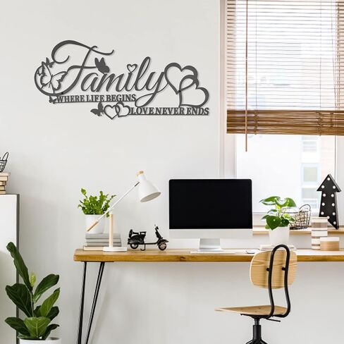 ديكور جداري فني للعائلة حيث تبدأ الحياة، الحب لا ينتهي أبدًا، علامة حائط معدنية سوداء للعائلة مع قلب فراشات، منحوتة معلقة بأحرف حديدية لتزيين غرفة المعيشة في المطبخ (أ) in Kuwait