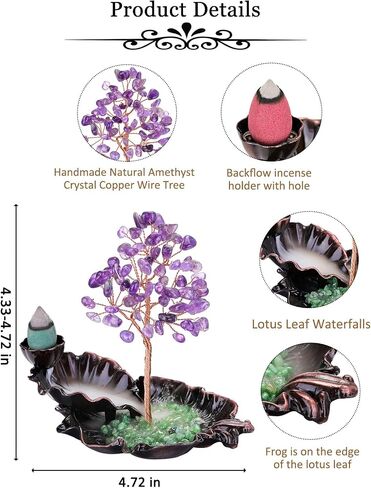 MANIFO Incense Waterfall Burner with Amethyst Healing Crystals Tree Censer Incense Stick Holder Decorative Ornament for Home Meditation Spiritual Gift in Saudi Arabia