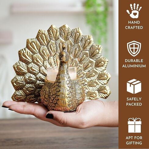 Metal Peacock Vastu Figurine for Good Luck and Love | Candle Holder for Home Dcor Tabletop Living Room Office | Showpiece Statue for Gifting (Scented Glass Votive Candle Included), Gold in Saudi Arabia