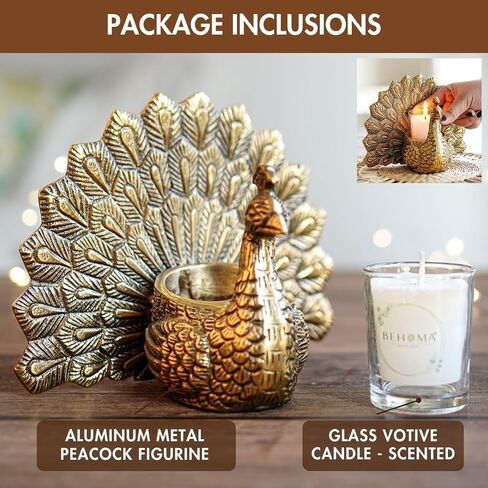 Metal Peacock Vastu Figurine for Good Luck and Love | Candle Holder for Home Dcor Tabletop Living Room Office | Showpiece Statue for Gifting (Scented Glass Votive Candle Included), Gold in Saudi Arabia