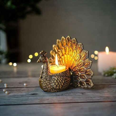 Metal Peacock Vastu Figurine for Good Luck and Love | Candle Holder for Home Dcor Tabletop Living Room Office | Showpiece Statue for Gifting (Scented Glass Votive Candle Included), Gold in Saudi Arabia