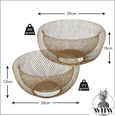 WHW Whole House Worlds 2 Piece Modern Yellow Metal Wire Mesh Fruit Bowl Set, Double Wall Construction, 1- Large, 11.5 D x 6 Tall, and 2- Medium 9.5 Diameter x 4.75 Tall Inches in Saudi Arabia