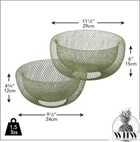 WHW Whole House Worlds 2 Piece Modern Yellow Metal Wire Mesh Fruit Bowl Set, Double Wall Construction, 1- Large, 11.5 D x 6 Tall, and 2- Medium 9.5 Diameter x 4.75 Tall Inches in Saudi Arabia
