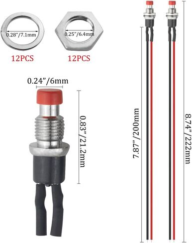 XINGYHENG 12PCS 7mm Round Momentary Push Button Switch 2 Pin On Off Spst Normal Open Light Up Push Buttons Switches with 200mm Pre-Soldered Wire (Red) in Saudi Arabia