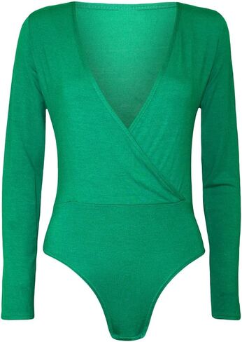 Women's Cross Over Wrap V Neck Long Sleeve Bodysuit Shirt Leotard Top in Saudi Arabia