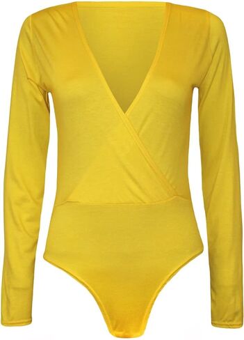Women's Cross Over Wrap V Neck Long Sleeve Bodysuit Shirt Leotard Top in Saudi Arabia