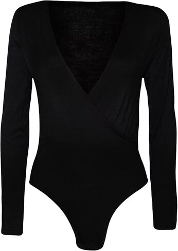 Women's Cross Over Wrap V Neck Long Sleeve Bodysuit Shirt Leotard Top in Saudi Arabia
