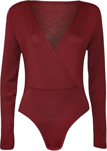 Women's Cross Over Wrap V Neck Long Sleeve Bodysuit Shirt Leotard Top in Saudi Arabia