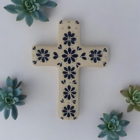 Generic LA CEIBA Designs، صليب حائط سيراميك مكسيكي ملون مرسومة يدويًا (أزرق ملكي) in Saudi Arabia