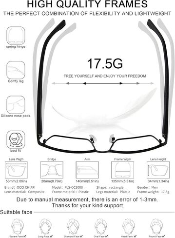 OCCI CHIARI Blue Light Filter Glasses For Men Square Eyeglasses Frame Computer Gaming Glasses Nerdy in Saudi Arabia