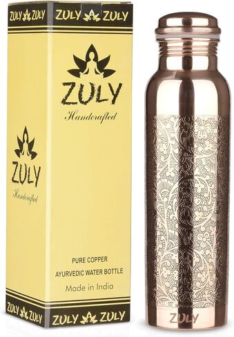 زجاجة مياه من النحاس النقي مصنوعة يدويًا بنسبة 100% من ZULY | 34 أونصة 1 لتر كبير جدًا | الايورفيدا لمياه الشرب | سفر اليوغا تناول الأيورفيدا الصحية | وعاء سفينة مقاوم للتسرب محفور in Saudi Arabia