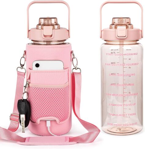 Half Gallon Water Bottle, 64 oz Water Bottles with Straw & Sleeve, 2l Motivational Large Water Jug with Strap, Leakproof BPA Free Big Reusable Water Bottle for Sports Gym in Saudi Arabia