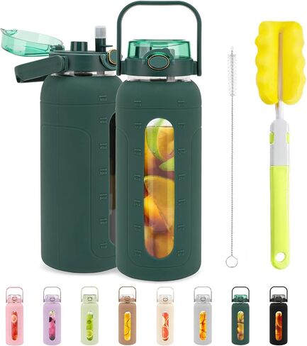 زجاجة مياه زجاجية سعة 64 أونصة من ترونكو مع غطاء من القش وعلامة للوقت، زجاجة مياه تحفيزية كبيرة بنصف جالون مع غطاء من السيليكون، إبريق شرب قابل لإعادة الاستخدام سعة 2 لتر للتمرين في صالة الألعاب الرياضية المنزلية، خالية من مادة BPA، أخضر فاتح in Kuwait