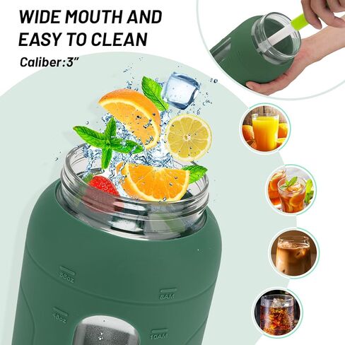 زجاجة مياه زجاجية سعة 64 أونصة من ترونكو مع غطاء من القش وعلامة للوقت، زجاجة مياه تحفيزية كبيرة بنصف جالون مع غطاء من السيليكون، إبريق شرب قابل لإعادة الاستخدام سعة 2 لتر للتمرين في صالة الألعاب الرياضية المنزلية، خالية من مادة BPA، أخضر فاتح in Kuwait