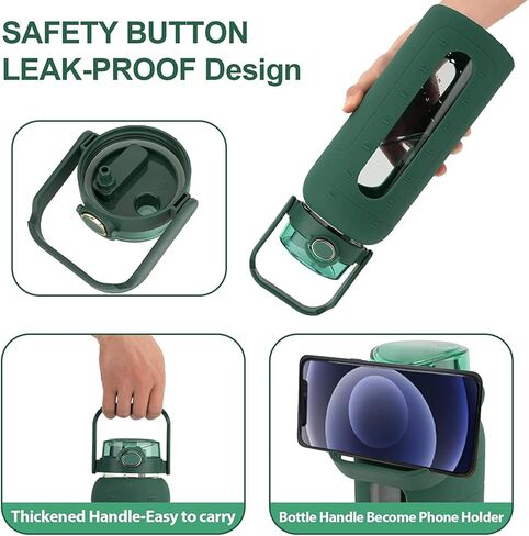 زجاجة مياه زجاجية سعة 64 أونصة من ترونكو مع غطاء من القش وعلامة للوقت، زجاجة مياه تحفيزية كبيرة بنصف جالون مع غطاء من السيليكون، إبريق شرب قابل لإعادة الاستخدام سعة 2 لتر للتمرين في صالة الألعاب الرياضية المنزلية، خالية من مادة BPA، أخضر فاتح in Kuwait