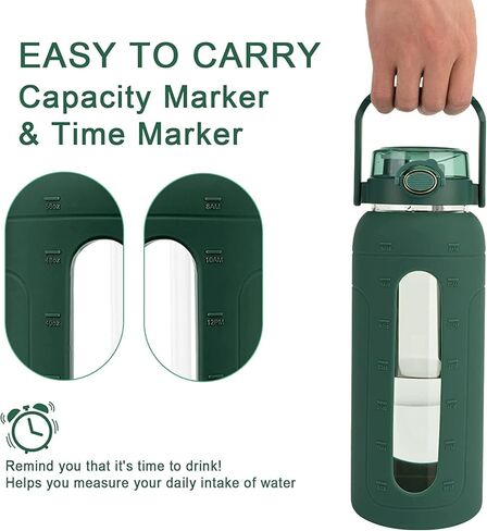 زجاجة مياه زجاجية سعة 64 أونصة من ترونكو مع غطاء من القش وعلامة للوقت، زجاجة مياه تحفيزية كبيرة بنصف جالون مع غطاء من السيليكون، إبريق شرب قابل لإعادة الاستخدام سعة 2 لتر للتمرين في صالة الألعاب الرياضية المنزلية، خالية من مادة BPA، أخضر فاتح in Kuwait