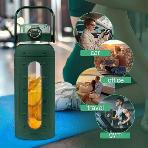 زجاجة مياه زجاجية سعة 64 أونصة من ترونكو مع غطاء من القش وعلامة للوقت، زجاجة مياه تحفيزية كبيرة بنصف جالون مع غطاء من السيليكون، إبريق شرب قابل لإعادة الاستخدام سعة 2 لتر للتمرين في صالة الألعاب الرياضية المنزلية، خالية من مادة BPA، أخضر فاتح in Kuwait